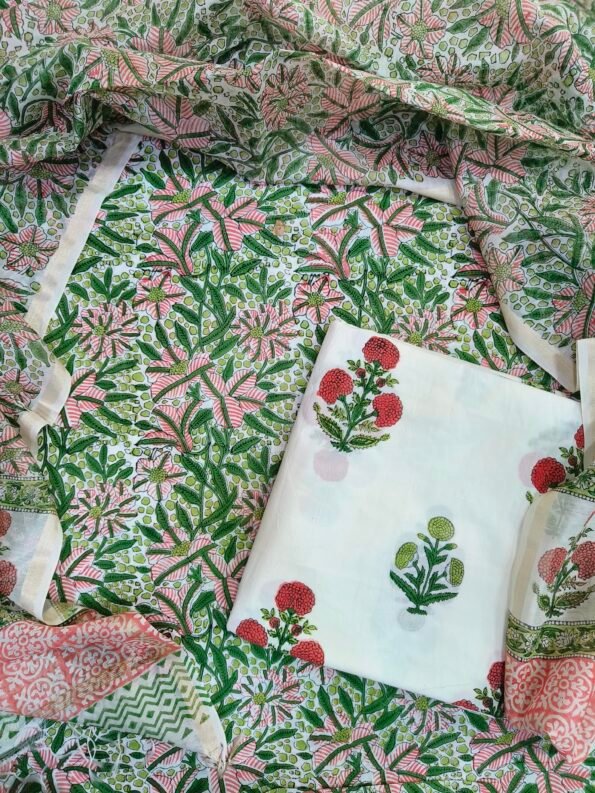 Green white cotton fabric with floral designs