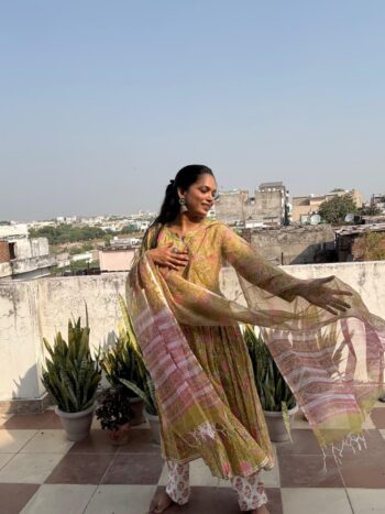 Lemon flower Hand block print cotton anarkali suit with kota doriya dupta suit