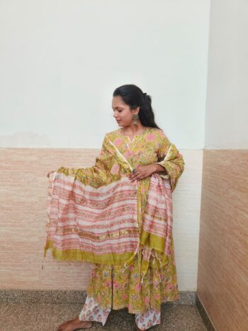 Pink flower Hand block printed cotton anarkali kurta suit with chanderi silk dupta suit set