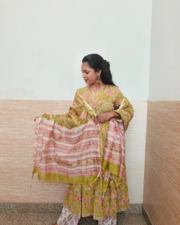 Pink flower Hand block printed cotton anarkali kurta suit with chanderi silk dupta suit set