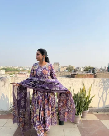 Purple colour cotton suit with cotton dupatta