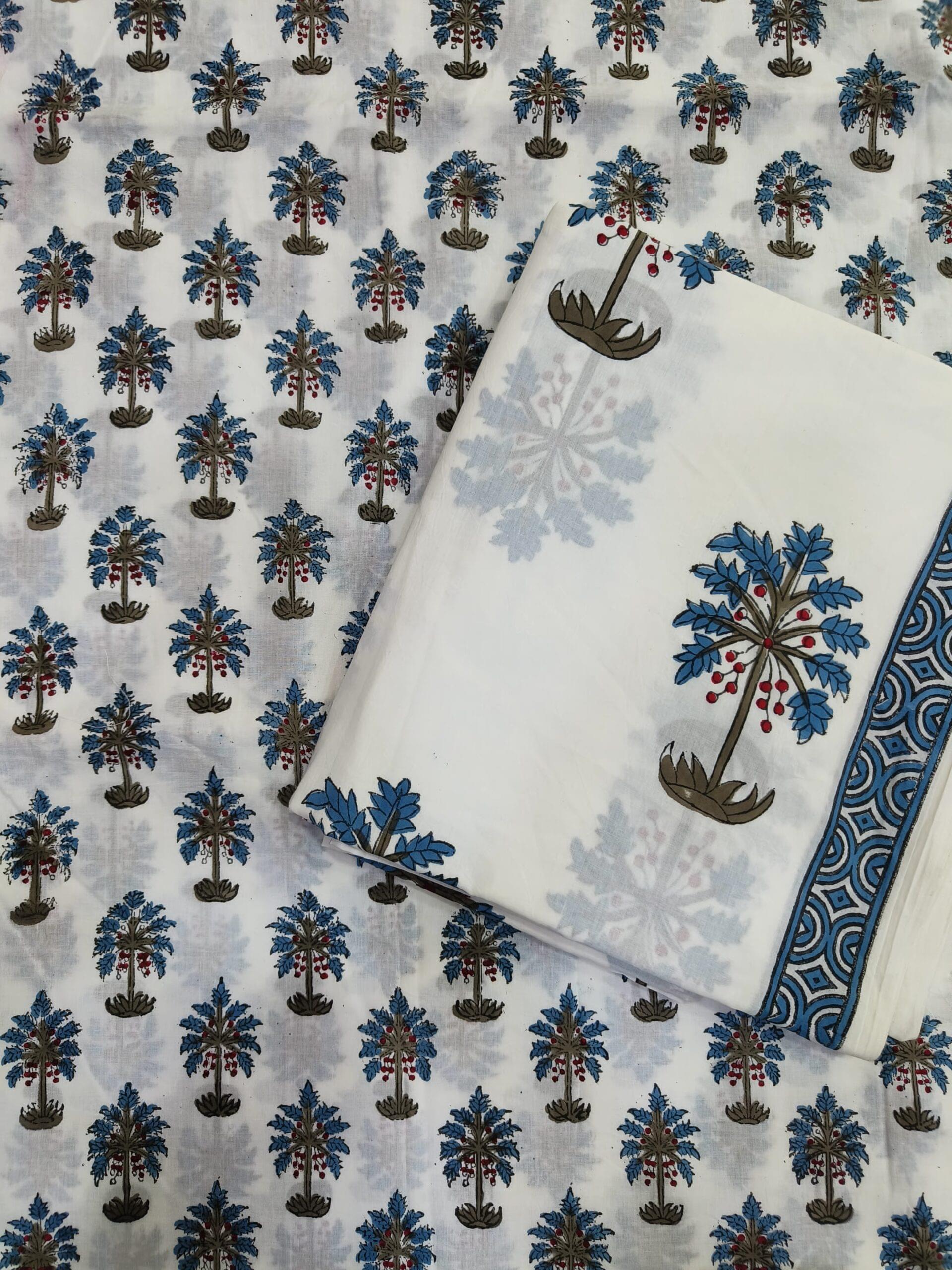 white cotton fabric with blue floral designs